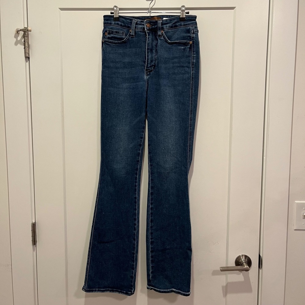 Judy Blue High Rise Dark Wash Flare Jeans Raw Hem JB88786 Size 7/28 Regular